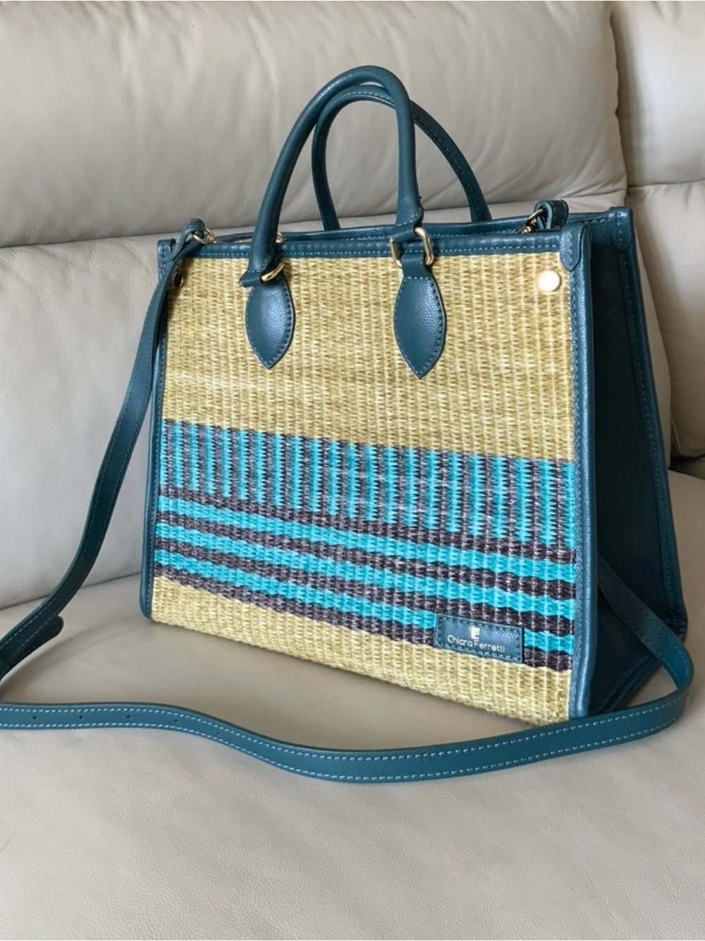 Chiara Ferretti Italian Leather and Woven Satchel Bag